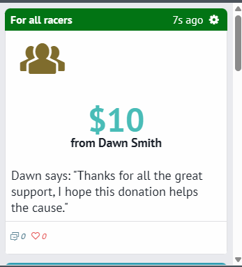Race feed showing a $10 donation card from Dawn Smith with comment and like buttons